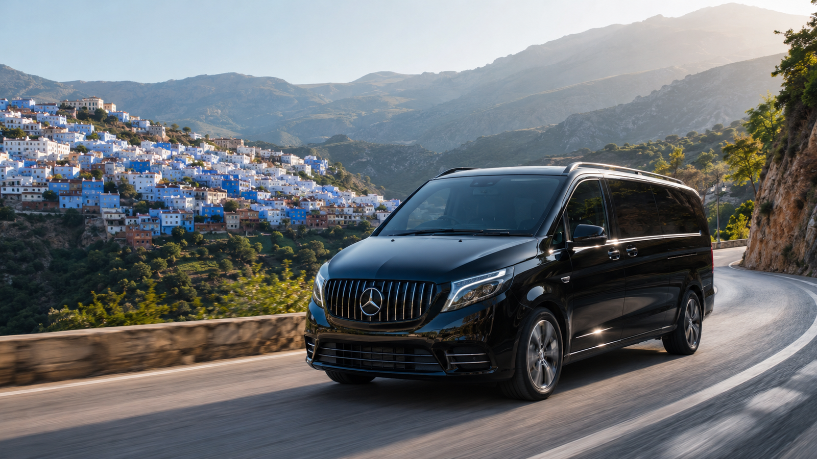 Private Mercedes transfer travelling through the Moroccan mountains