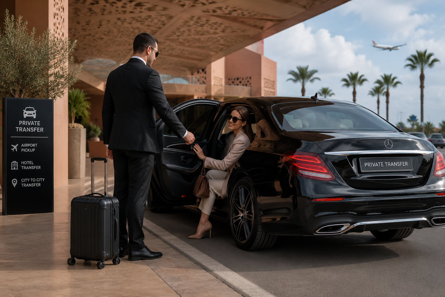 Professional chauffeur welcoming a traveller to a private transfer vehicle