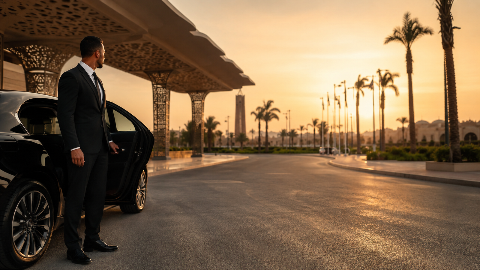 Private chauffeur waiting beside a luxury vehicle in Marrakech