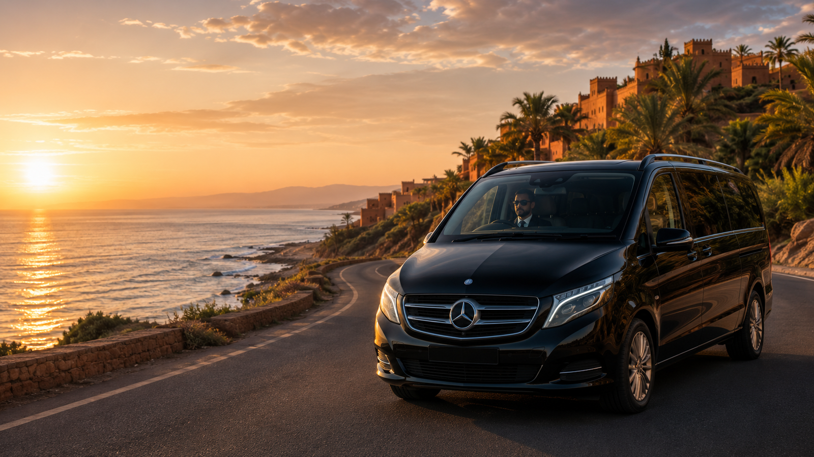 Luxury Mercedes private transfer on a Moroccan coastal road