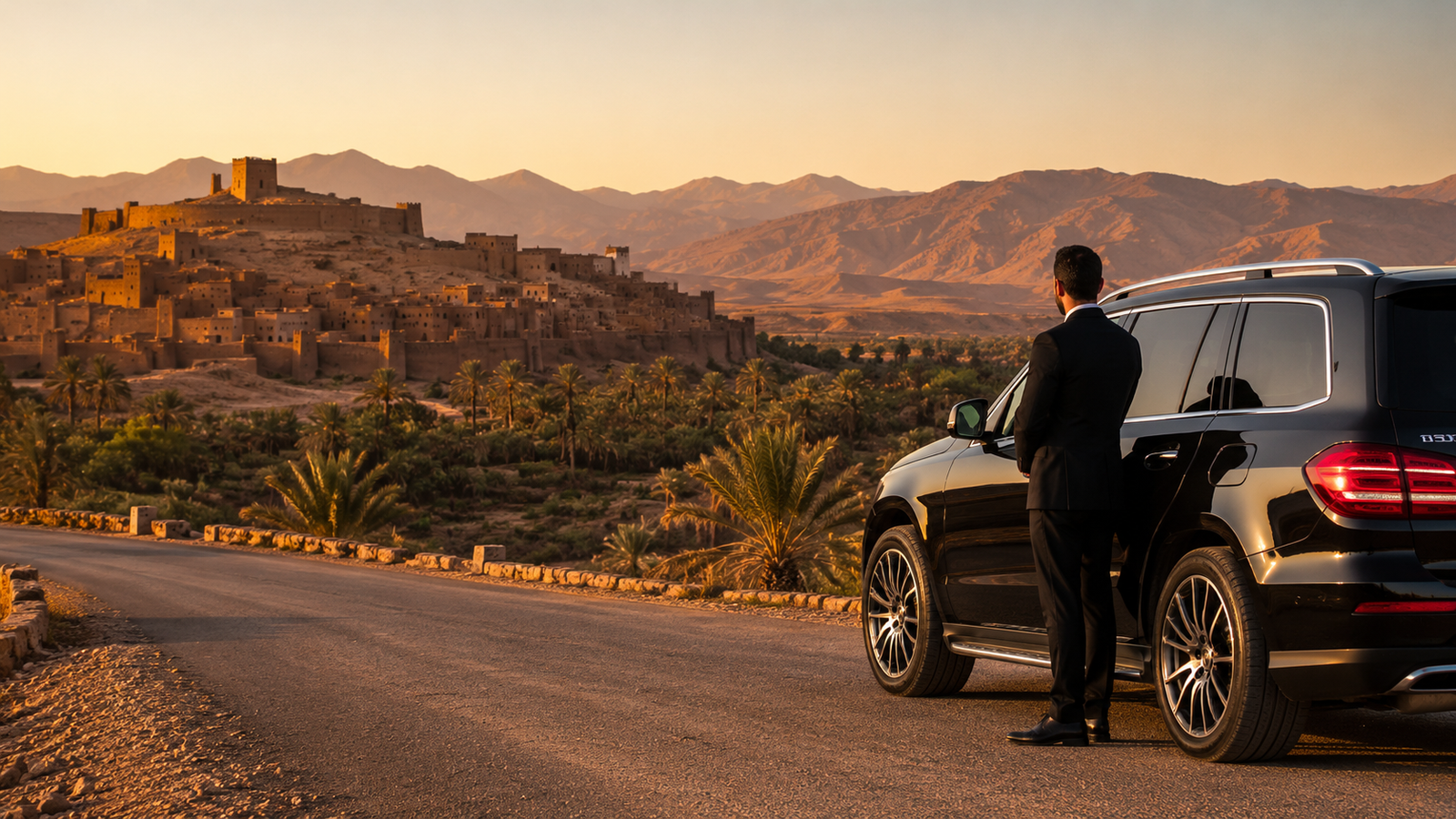 Professional private chauffeur beside a luxury transfer vehicle in Morocco