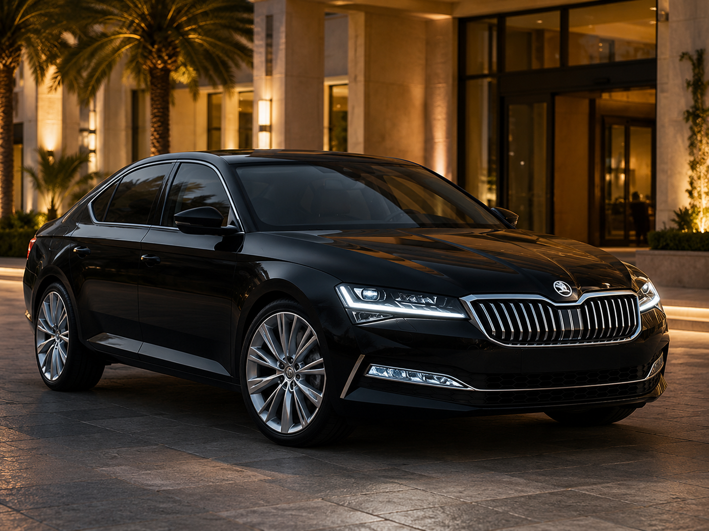 Black Skoda Superb executive sedan